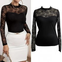 Fashion Lace Spliced Crew Neck Long Sleeve Shirt