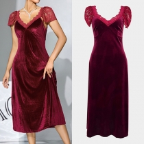 Fashion Lace Spliced V-neck Cap Sleeve Velvet Nightwear Dress