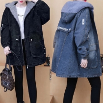 Fashion Hooded Long Sleeve Plush Lined Old-washed Denim Jacket