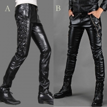 Street Fashion Side Lace-up Artificial Leather PU Skinny Pants for Men
