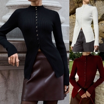 Fashion Mock Neck Long Sleeve Front Button Slit Ribbed Shirt