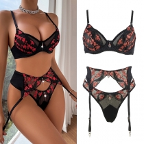 Fashion Floral Printed Rhinestone Lace Three-piece Lingerie Set