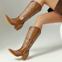 Western Style Floral Embroidered Pointed-toe Block Heeled Boots