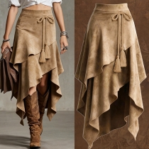 Vintage High-rise Bowknot Ruffle Irregular Hemline Skirt