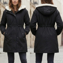 Fashion Hooded Long Sleeve Drawstring Waist Side Pockets Warm Plush Lined Jacket