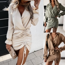 Fashion Stand Collar V-neck Long Sleeve Side Drawstring Bodycon Dress