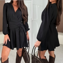 Fashion V-neck Long Sleeve Cinch Waist Mini Dress