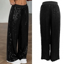Fashion Bling-bling Sequined Mid-rise Straight-cut Pants