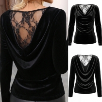 Fashion Draped Neck Long Sleeve Back Lace-spliced Velvet Shirt