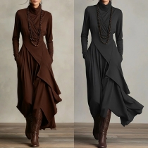 Fashion Turtleneck Long Sleeve Irregular Hemline Dress