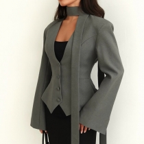 Fashion Solid Color V-neck Long Sleeve Front Button Blazer with Scarf