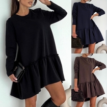 Fashion Crew Neck Long Sleeve Ruffle Hemline Mini Dress