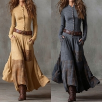Fashion Crew Neck Long Sleeve Front Button Plaid Spliced Maxi Dress