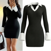 Fashion Contrast Color Polo V-neck Long Sleeve Bodycon Ribbed Dress