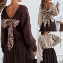 Fashion Crew Neck Long Sleeve Backless Leopard Bowknot Sweater