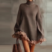 Fashion Turtleneck Long Sleeve Ruffle Spliced Hemline Mini Dress