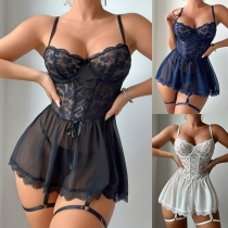 Fashion Lace-up Lace Spliced Gauze Semi-through Nightwear Dress