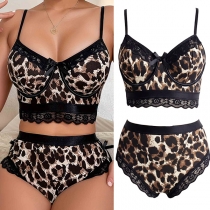 Sexy Leopard Printed Lace Spliced Bowknot Two-piece Lingerie Set