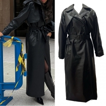 Fashion Notch Lapel Long Sleeve Double-breasted Artificial Leather PU Jacket with Belt