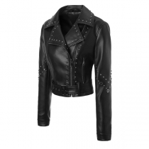 Fashion Rivet Notch Lapel Long Sleeve Slant Zipper Artificial Leather PU Jacket