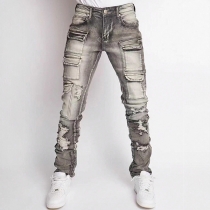 Street Fashion High-rise Patch Pockets Distressed Old-washed Denim Jeans for Men