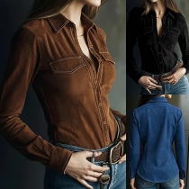Fashion Stand Collar Long Sleeve Front Button Artificial Suede Shirt