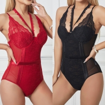 Fashion Halter Neck Front Hollow Out Lace Spliced Lingerie Bodysuit