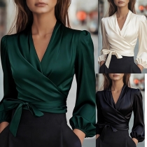 Fashion V-neck Puff Long Sleeve Self-tie Satie Shirt