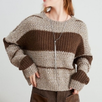 Fashion Contrast Color Crew Neck Batwing Sleeve Knitted Sweater