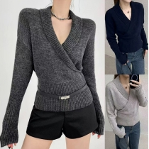 Fashion Lapel V-neck Long Sleeve Knitted Sweater
