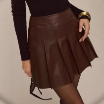 Fashion High-rise Pleated Artificial Leather PU Skirt