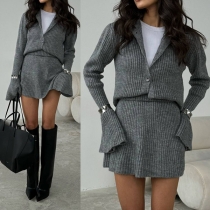 Fashion Solid Color Ribbed Two-piece Set Consist of Cardigan and Mini Skirt