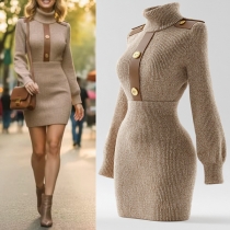 Fashion Contrast Color Patch Button Turtleneck Long Sleeve Ribbed Knitted Dress