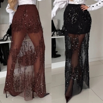 Fashion High-rise Sequined Spliced Gauze Maxi Skirt