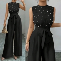 Fashion Crew Neck Sleeveless Beaded High-rise Self-tie Waist Wide-leg Jumpsuit
