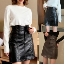 Vintage Irregular Waistline High-rise Artificial Leather PU Skirt