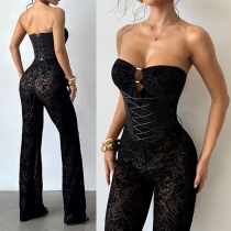 Sexy Strapless O-ring Front Straight-cut Lace Jumpsuit