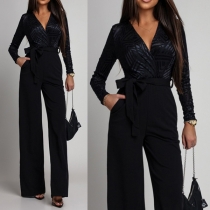 Fashion Floral Jacquard V-neck Long Sleeve Self-tie Straight-cut Jumpsuit