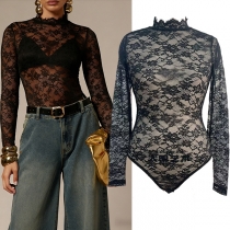 Sexy Mock Neck Long Sleeve Semi-through Lace Bodysuit