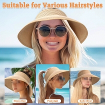 Roll-Up Wide Brim Straw Visor-Open Top Sun Hat for Ponytails & Buns