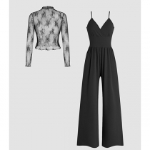 Fashion Two-piece Set Consist of Lace Shirt and Wide-leg Jumpsuit