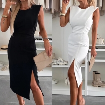 Fashion Crew Neck Sleeveless Side Slit Bodycon Dress