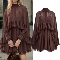 Semi-Sheer Chiffon Ruffle Dress With Outer Cape