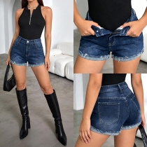 Fashion High-rise Frayed Hemline Old-washed Denim Shorts