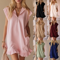 Fashion Half-zipper Cap Sleeve Ruffle Hemline Mini Dress