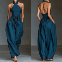 Fashion Halter Neck Sleeveless Self-tie Waist Wide-leg Jumpsuit