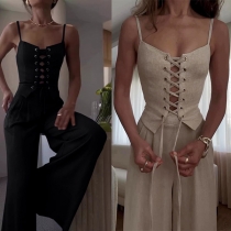 Fashion Two-piece Set Consist of Front Lace-up Cami Shirt and Wide-leg Pants