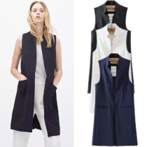 Fashion Solid Color Collar Sleeveless Pocket Slit Waist Vest