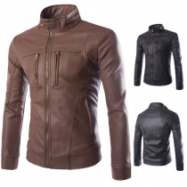 Fashion Solid Color Long Sleeve Stand Collar Slim Fit Men's PU Leather Jacket