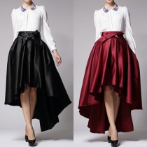 Elegant Solid Color Bowknot High Waist High-low Hem Skirt